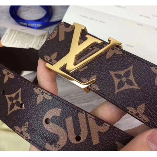 Replicas Louis Vuitton Supreme x Monogram Belt Gold Buckle Marrón Baratos Imitacion