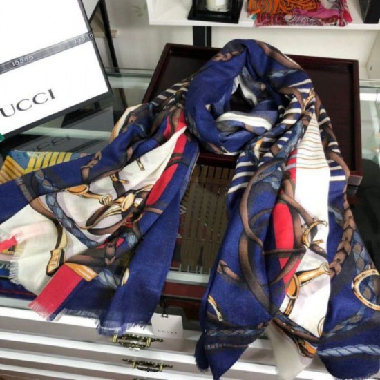 Replicas Gucci Lana Seda Bufanda 100 x 200 Azul Baratos Imitacion
