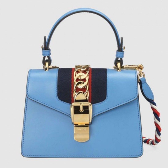 Replicas Gucci Sylvie Mini Bolsa de piel 470270 Azul Baratos Imitacion