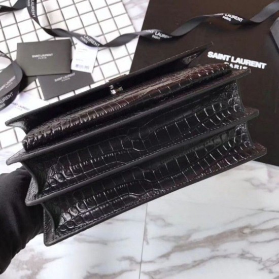Replicas YSL Saint Laurent Medium Sunset Bolsa en cocodrilo en relieve brillante cuero negro Baratos Imitacion